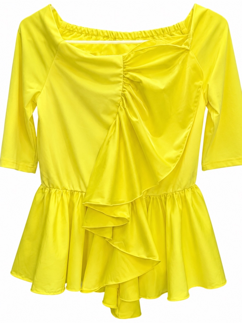 JJ’s Fairyland Yellow Ruffle Peplum Top Size L Off Shoulder Stretchy Blouse NWT - Picture 2 of 4